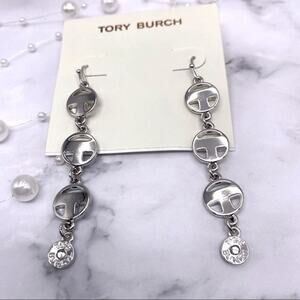 New Tory Burch Silver Round Drop T French Wire Dangle Earrings